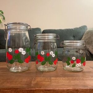 3 Vtg Carlton Glass Strawberry Kitchen Canisters McCoy Grannycore Cottage